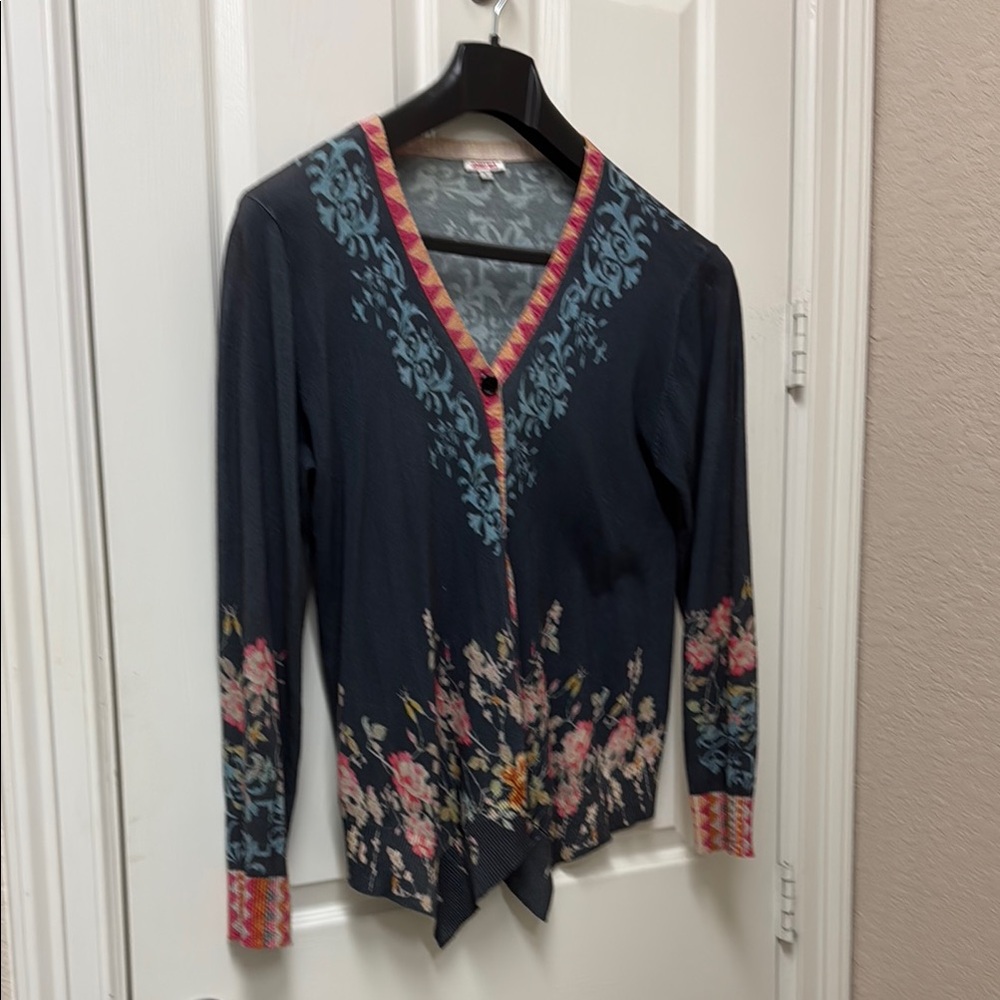 Johnny Was Blue Red Long Sleeve Buttoned Blouse